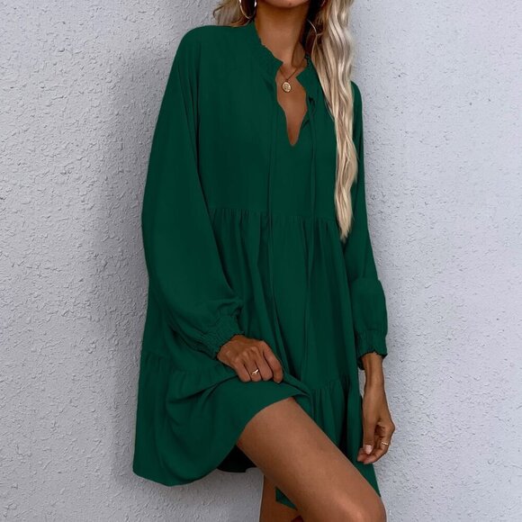 Dark Green Women's Tie Neck Lantern long Sleeve Smock Dress - Picture 4 of 6